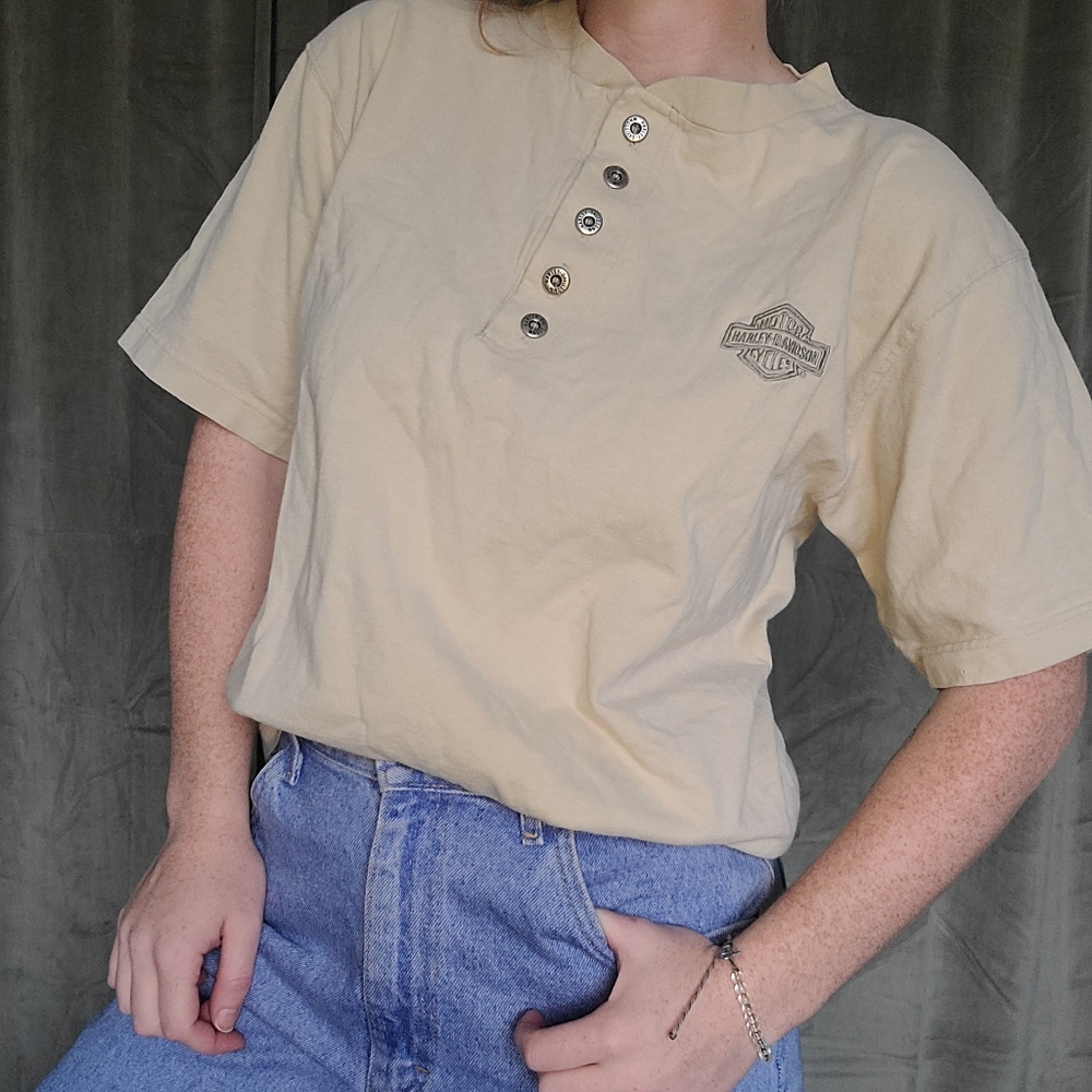 Vintage Harley Davidson Bikercore Nuetral Indie Tan Button Henley Logo Tshirt